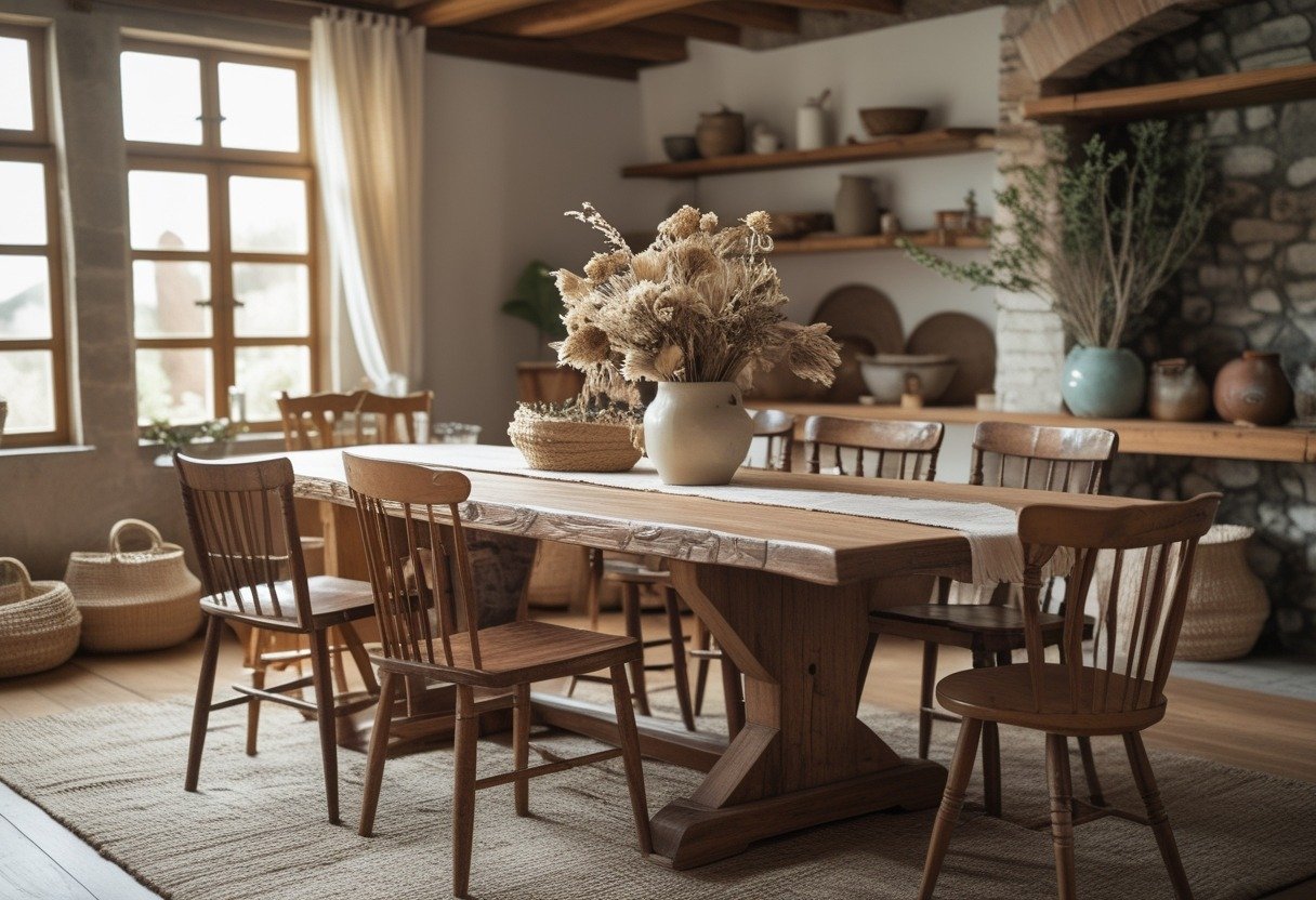 A dining room with a wooden table and chairs, natural light, and various decorative items on shelves and table.