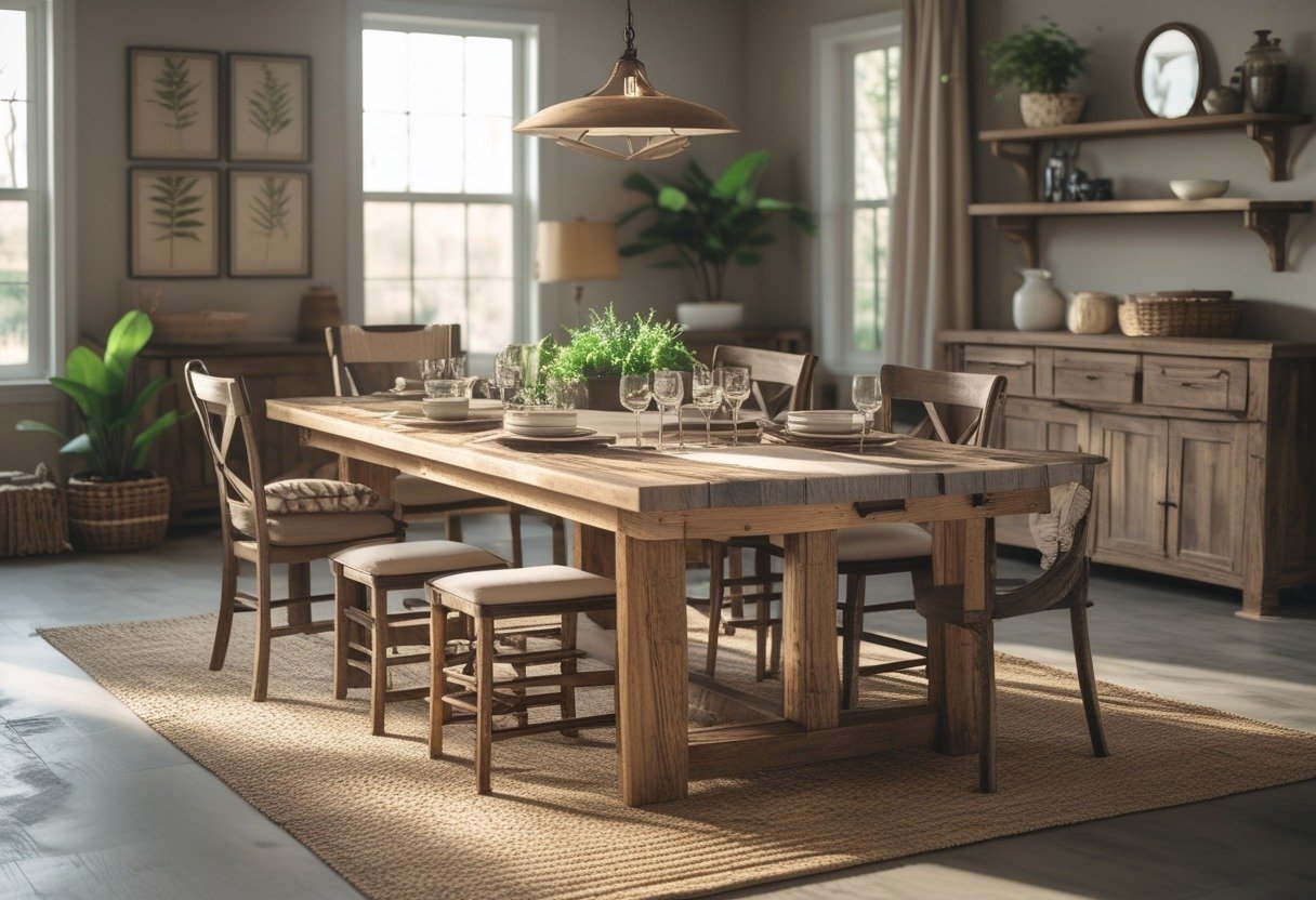 A dining room with a large wooden dining table surrounded by chairs, set with plates and glasses, with plants and decorative items in the background.