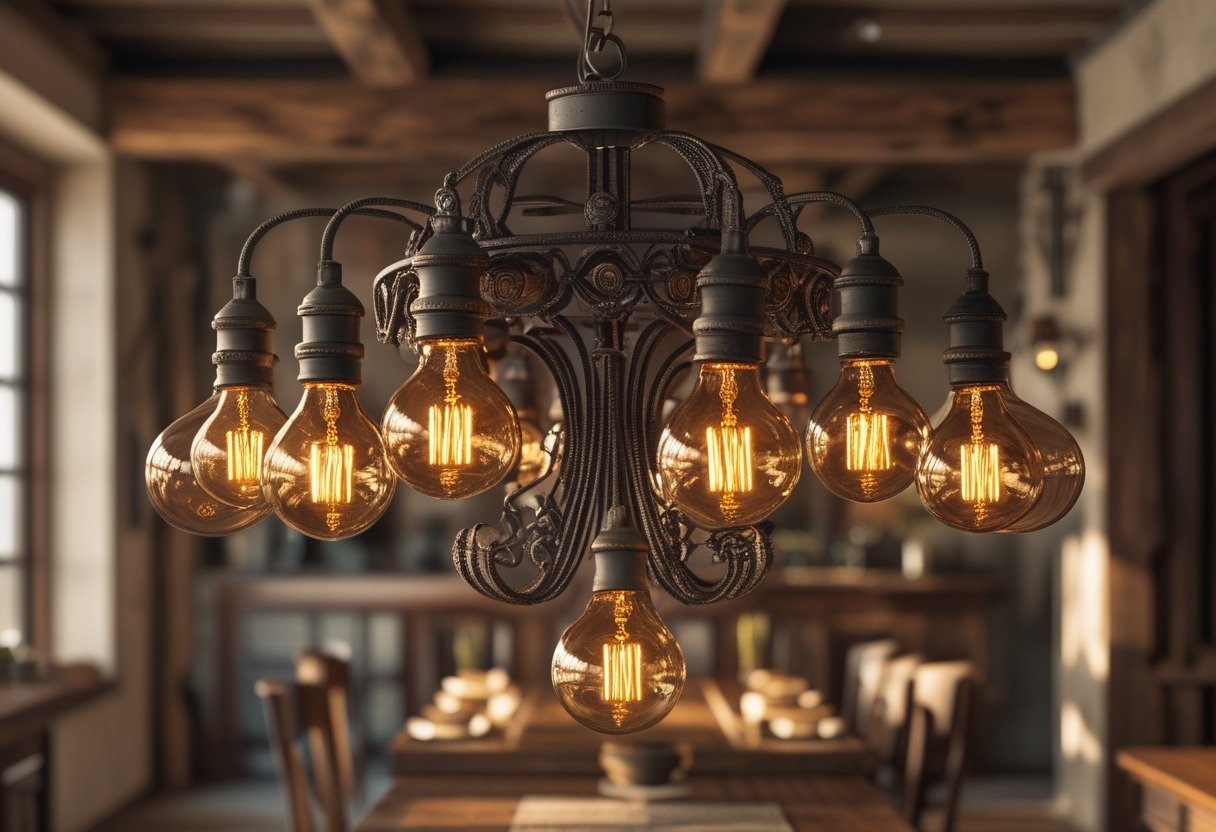 An antique iron chandelier with glowing Edison bulbs hanging above a wooden dining table in a cozy dining room.