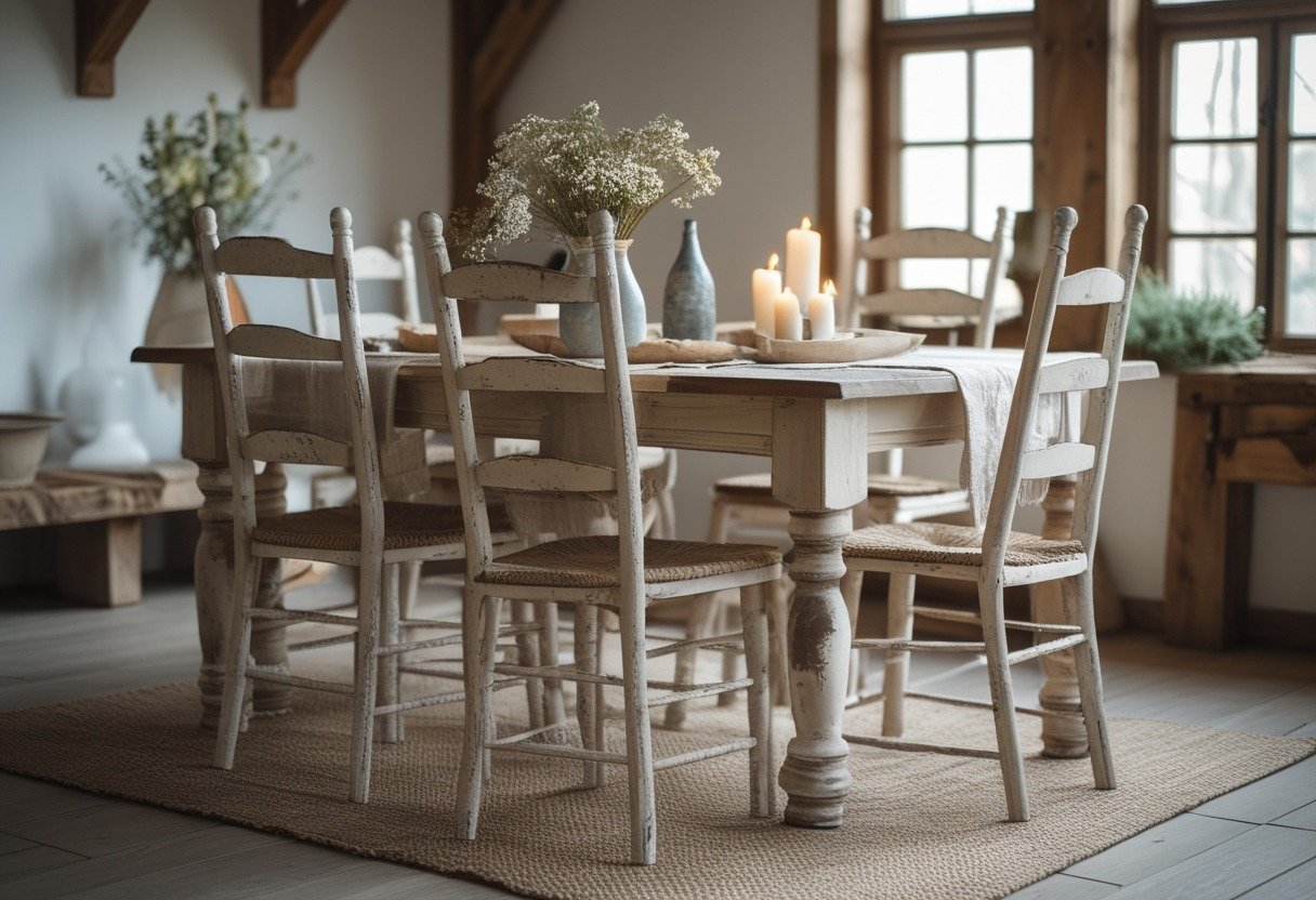 A dining room with a wooden table surrounded by worn ladder-back chairs and natural decorative items.