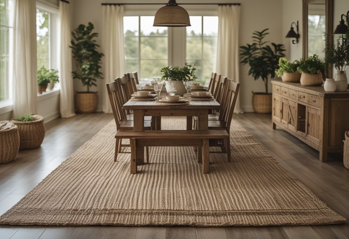 A dining room with a large woven jute rug under a wooden table set for a meal, surrounded by chairs and natural light coming through windows.