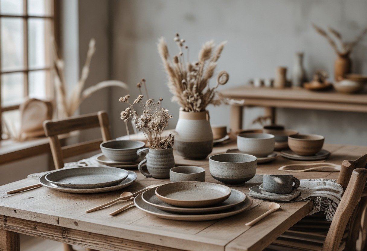 A handmade ceramic dinnerware set arranged on a wooden dining table with rustic decor and soft natural lighting.