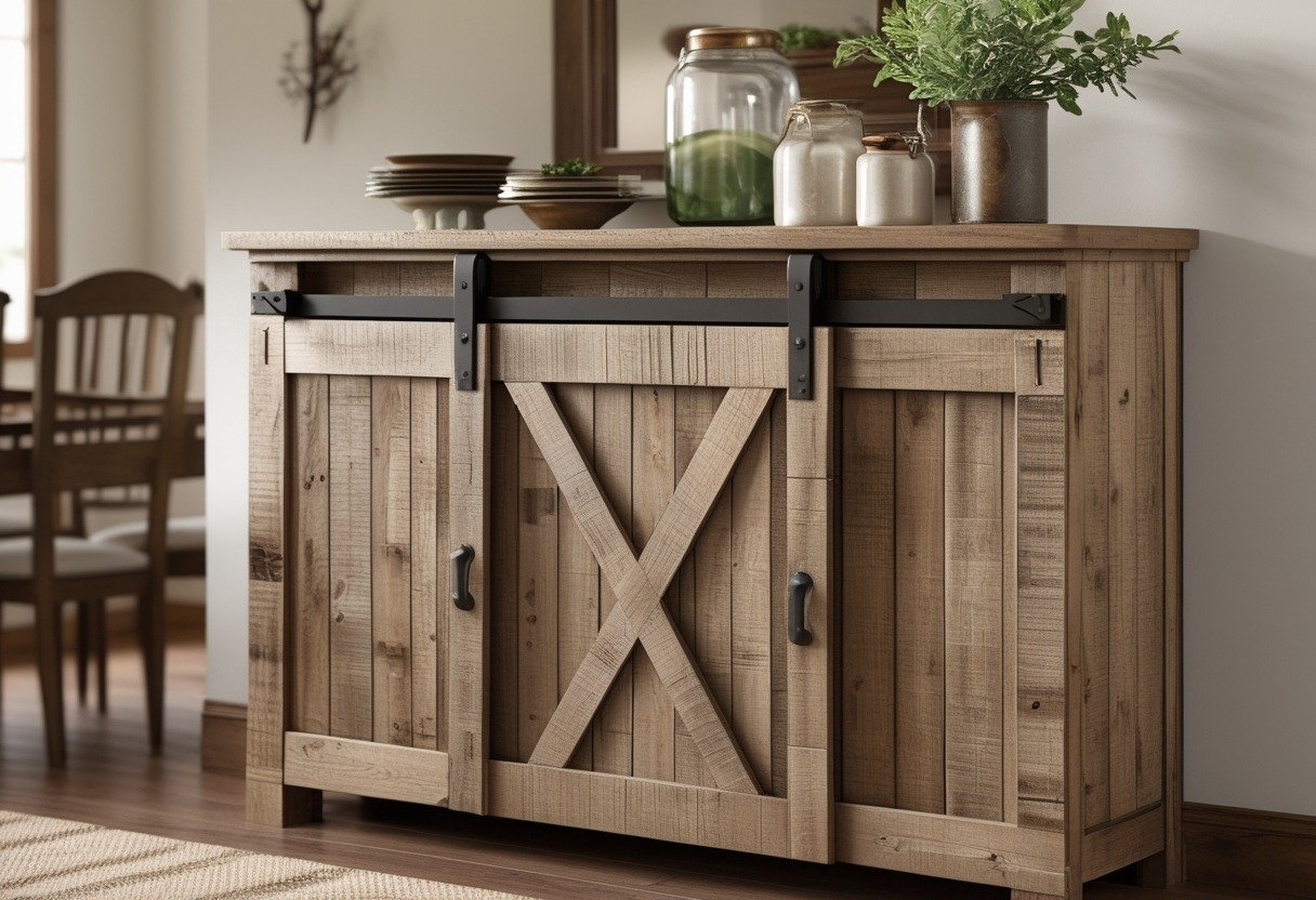 A dining room with a wooden buffet cabinet featuring sliding barn doors, a wooden table, chairs, and decorative items on the cabinet.