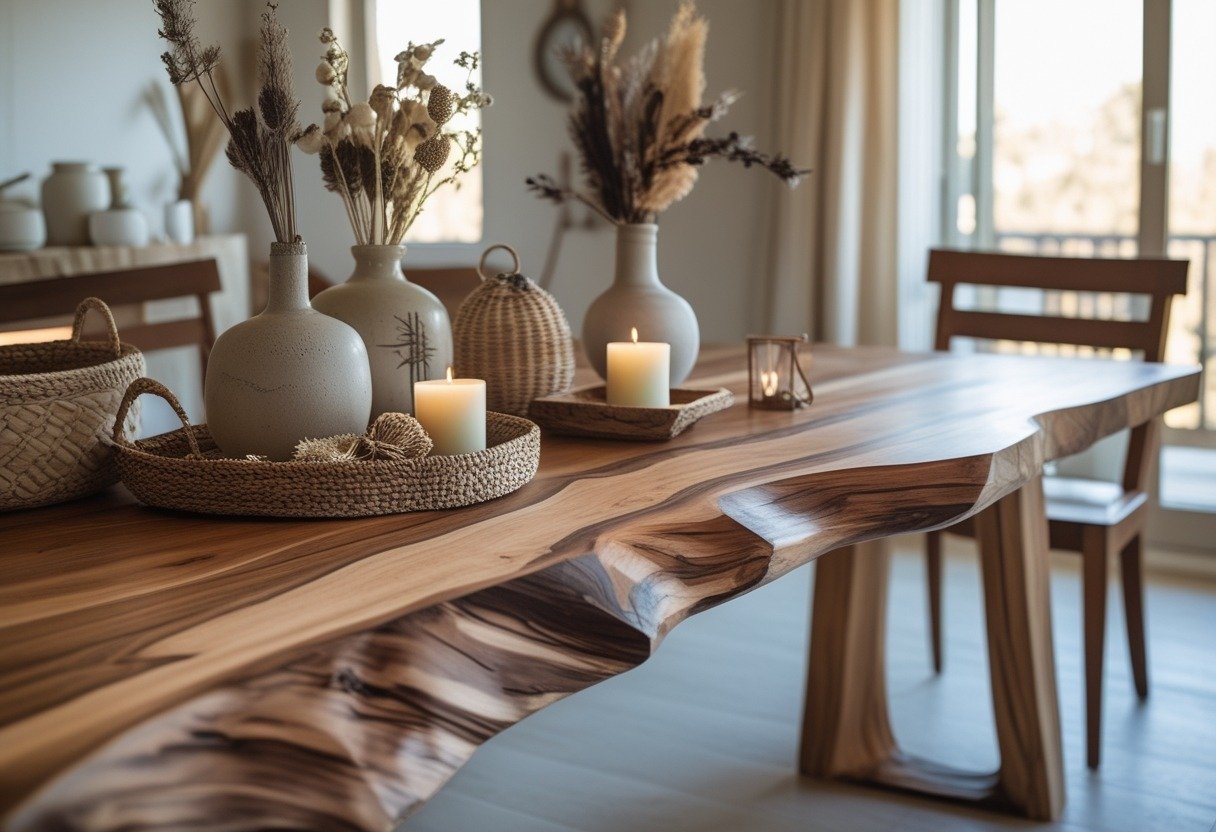A live-edge wood console table decorated with vases and candles in a dining room with wooden chairs and natural light.