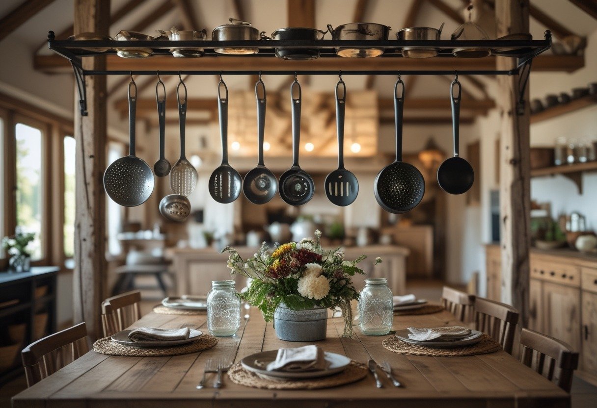 Dining room with a wrought-iron pot rack hanging above a wooden table, holding kitchen utensils and pots.