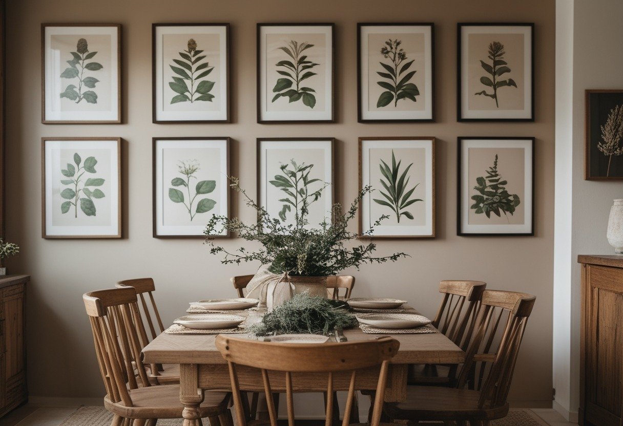 A dining room with a wooden table and chairs, a wall decorated with framed botanical prints, and natural light creating a warm atmosphere.