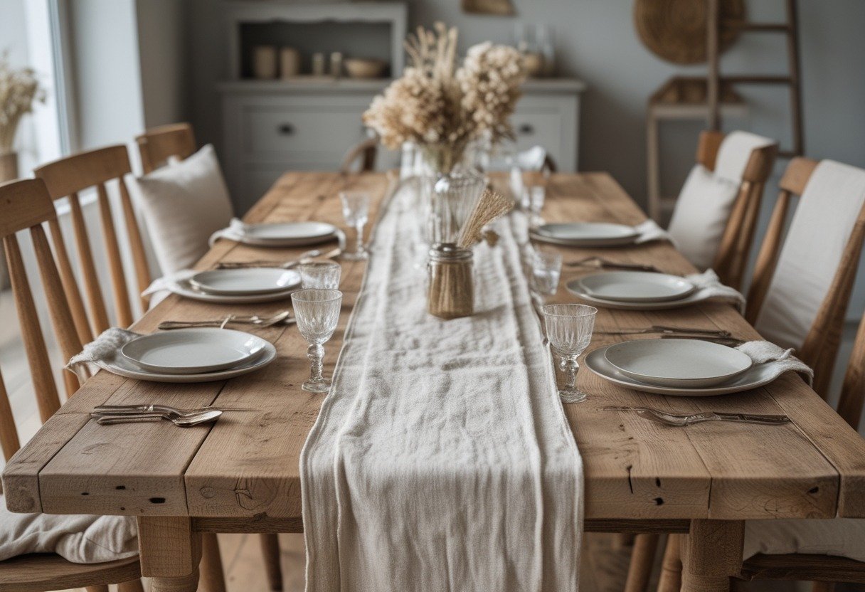 A rustic dining table with a textured linen table runner, ceramic plates, cutlery, and glassware, surrounded by wooden chairs in a softly lit room.