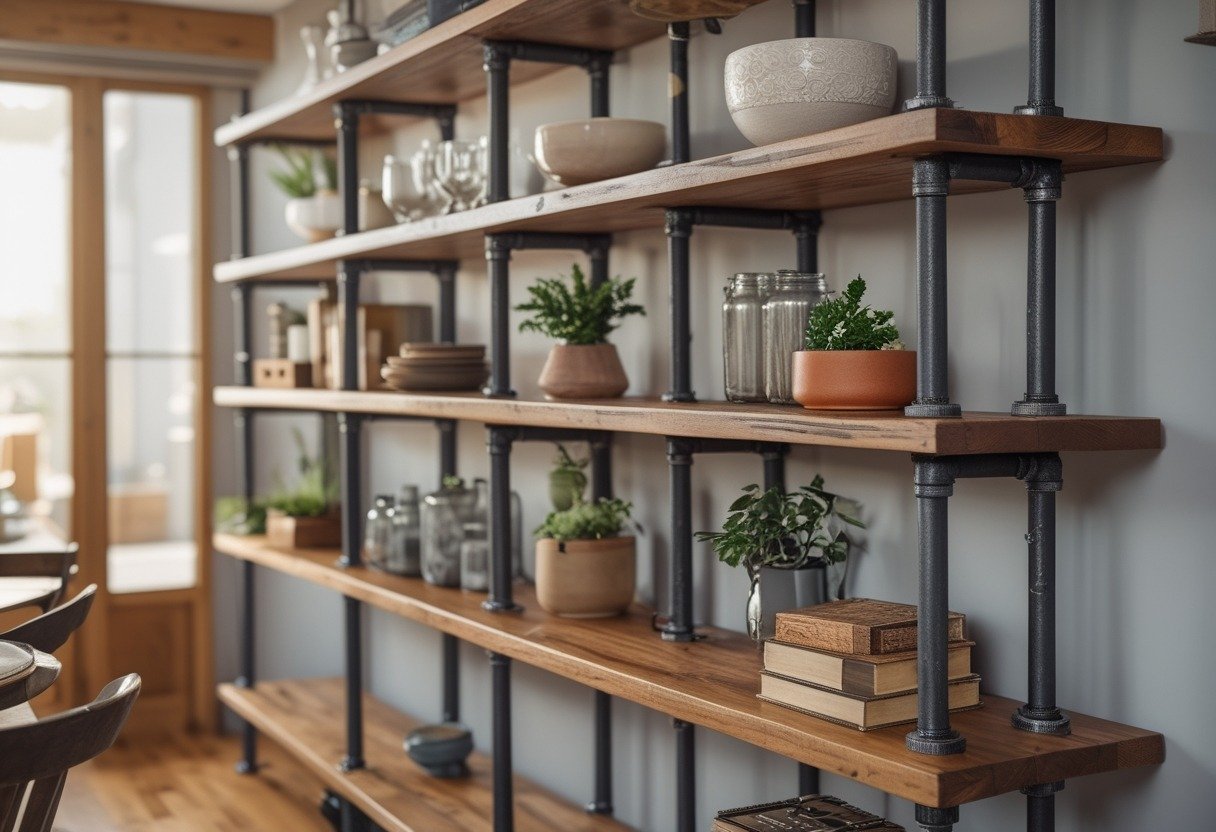 A dining room with an industrial pipe and wood shelving unit holding various decorative items.