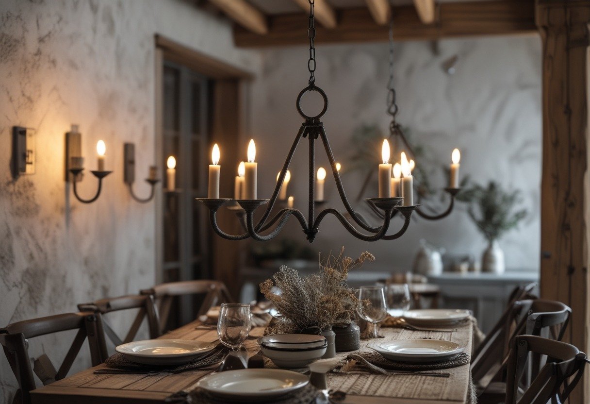 Dining room with a wooden table and lit cast-iron candle sconces on the wall, creating a warm and inviting atmosphere.