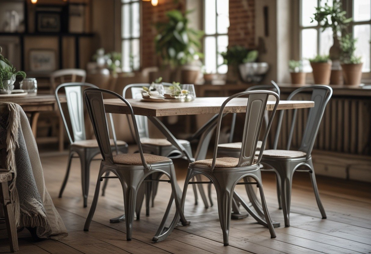 A dining room with metal chairs around a wooden table, natural light, and rustic decor elements.