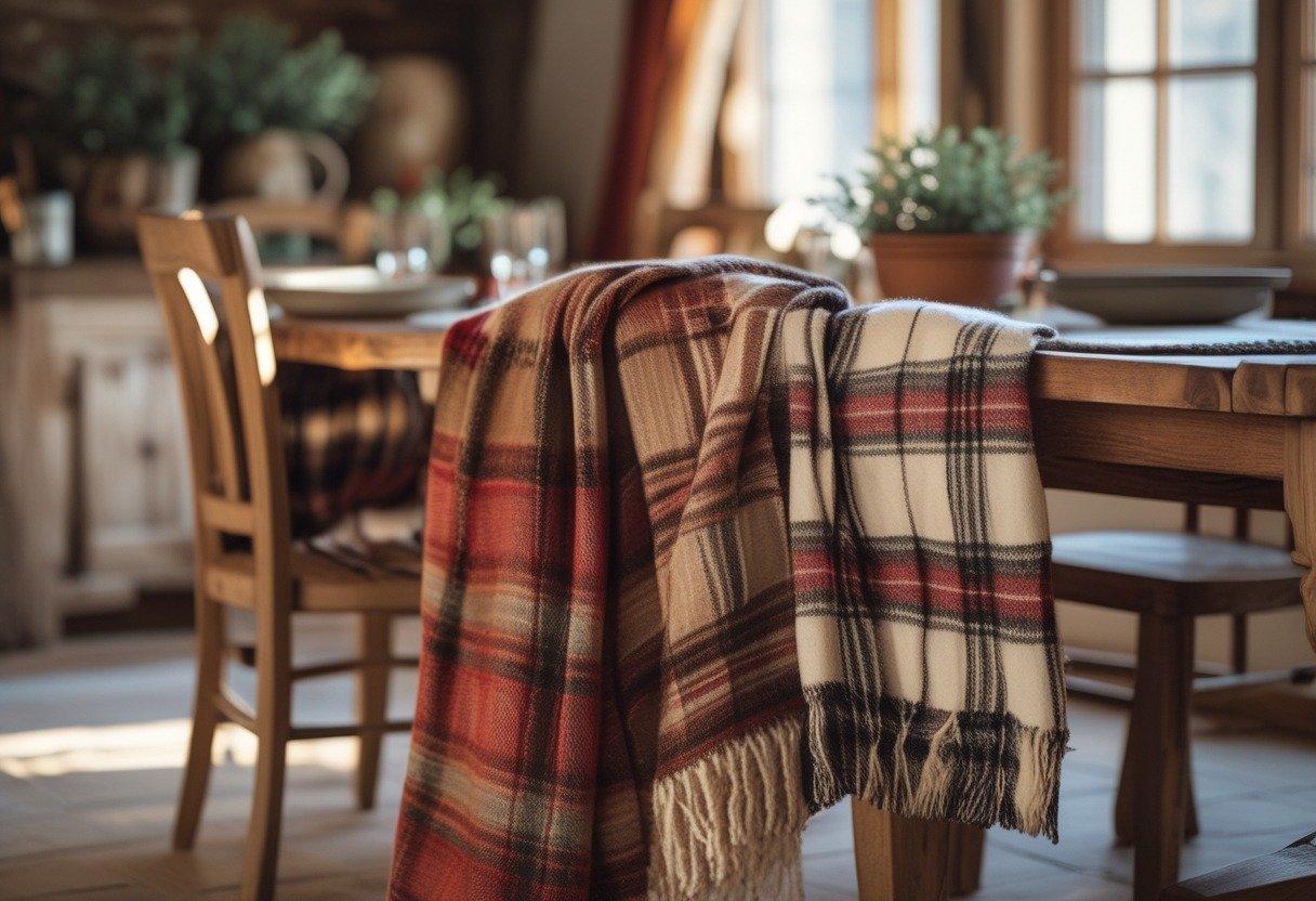 A dining room with wooden chairs draped with layered plaid and wool throw blankets around a wooden table with simple tableware.