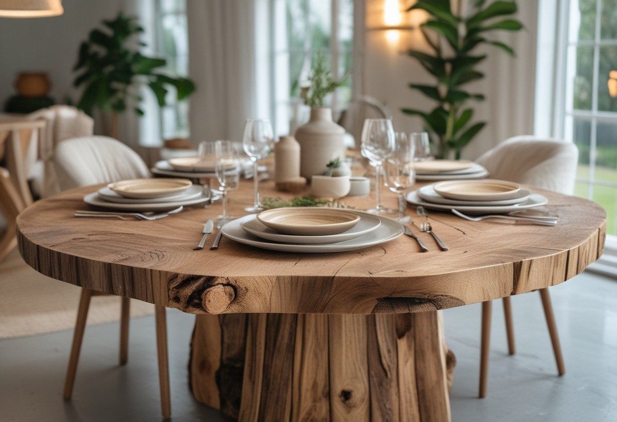 Round wooden dining table with a natural live edge centerpiece set in a bright dining room.