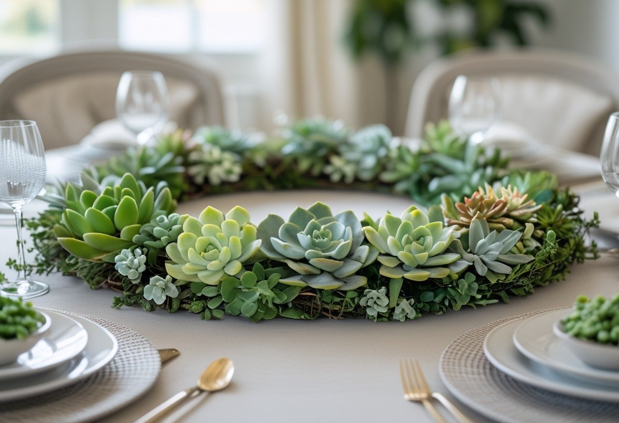 A round dining table with a low greenery wreath centerpiece made of mixed succulents in a bright dining room.