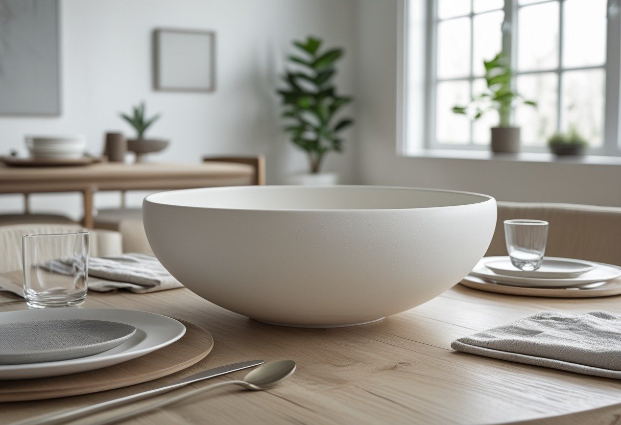 A round wooden dining table with an oversized white ceramic bowl centerpiece, surrounded by plates and glassware in a bright dining room.