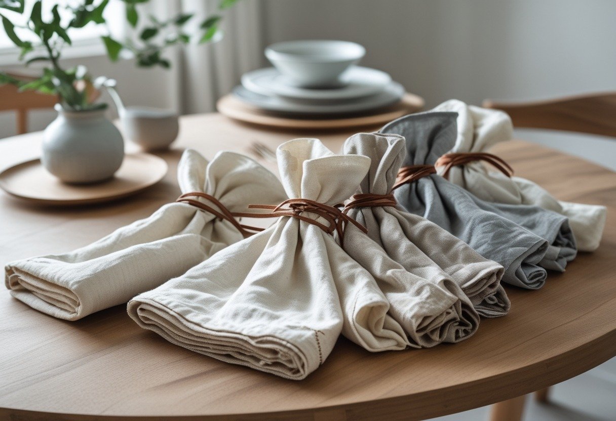 A set of mismatched linen napkins tied with leather cords arranged on a round wooden dining table with simple dining decor.