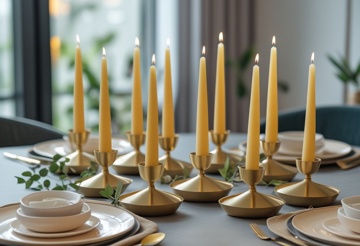 A round dining table with a cluster of brass geometric candle holders holding tapered beeswax candles, surrounded by simple table decor and plants.