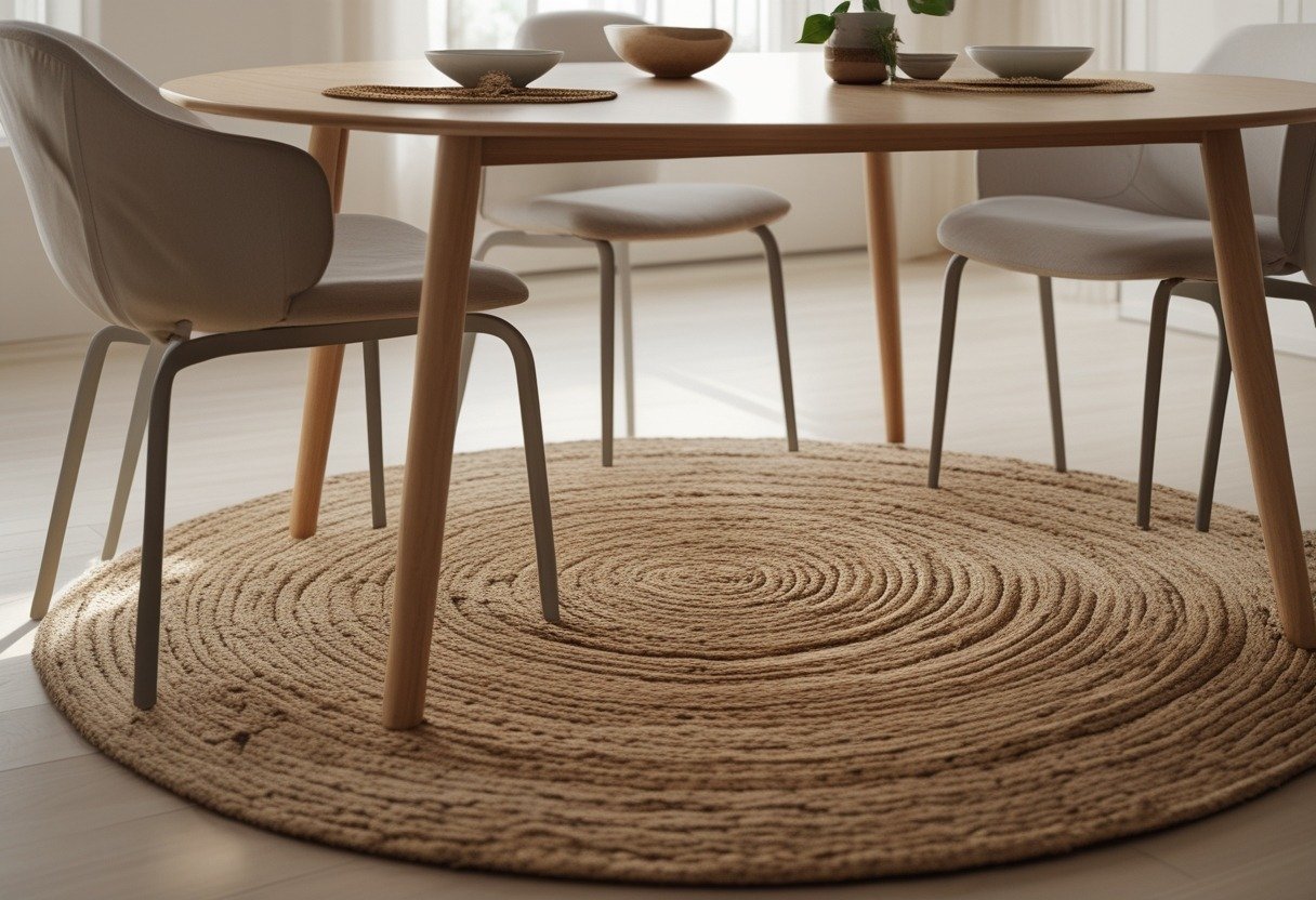 A round wooden dining table with chairs on a textured round jute rug in a dining room.