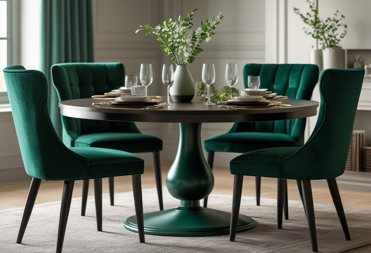 A round dining table surrounded by deep emerald green velvet dining chairs in a well-lit dining room.