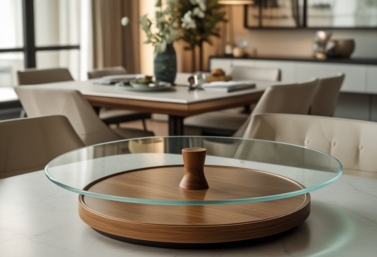 A round dining table with a rotating glass lazy Susan with a wooden base in the center, surrounded by chairs in a dining room.