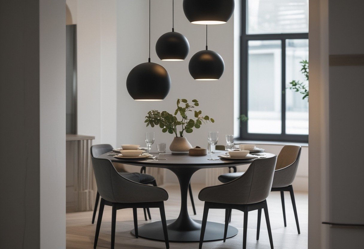 A dining room with a round table and three matte-black pendant lights hanging above at different heights.
