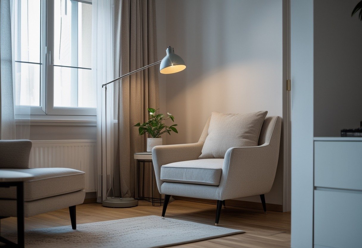A small living room corner with a floor lamp with an adjustable arm next to an armchair and a small side table with a plant.