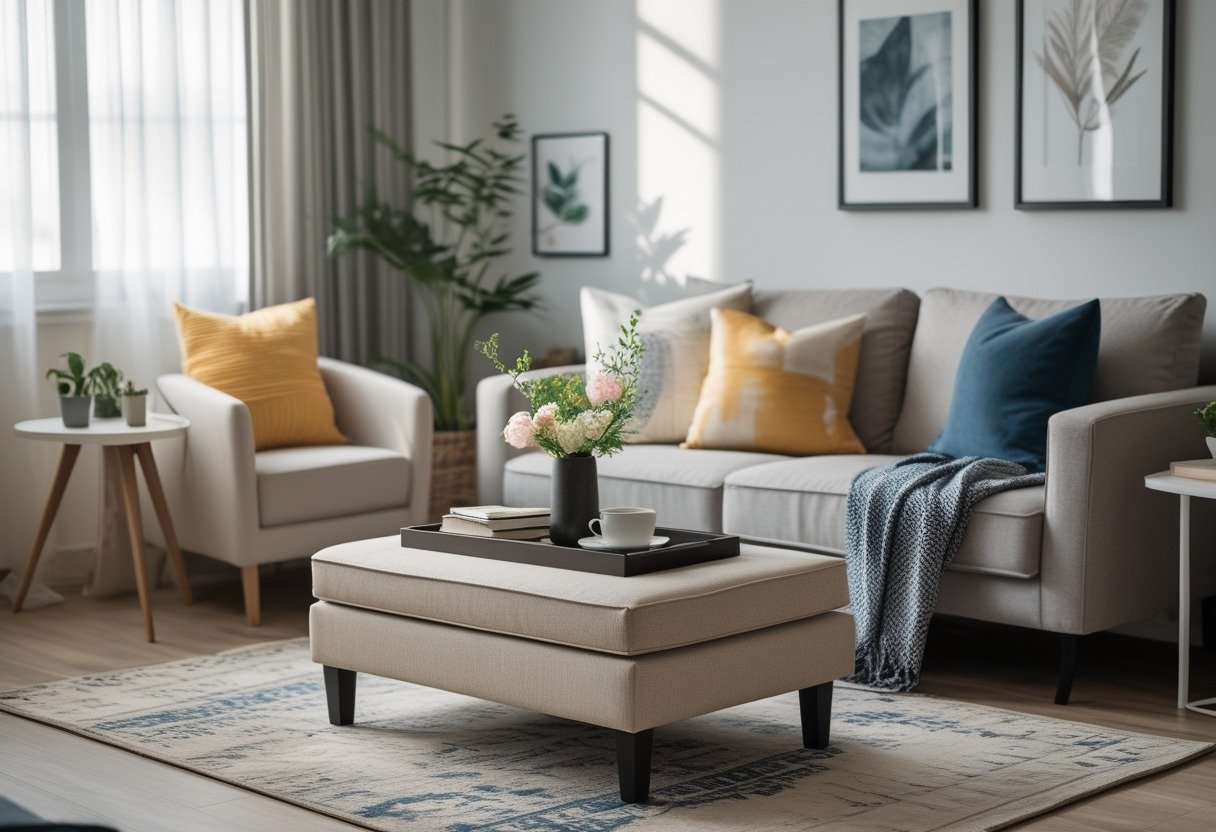 A small living room with a multipurpose ottoman with a tray top surrounded by a sofa, side table, plants, and decorative items.