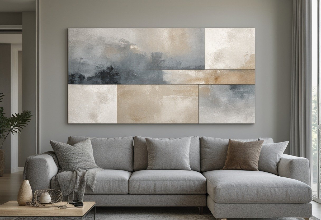 A living room with a large abstract painting hanging on the wall above a couch, featuring neutral colors and modern furniture.