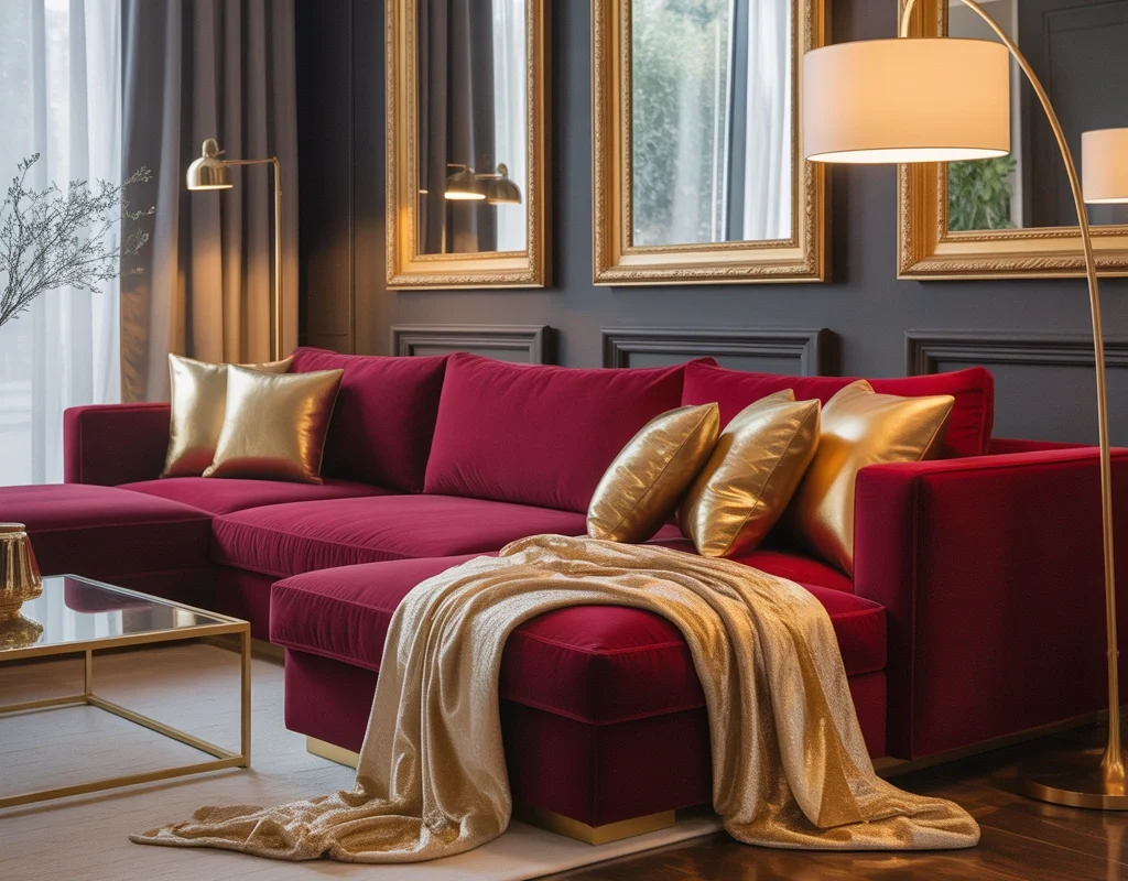 Add Gold Accents for a Glamorous Red Couch Living Room