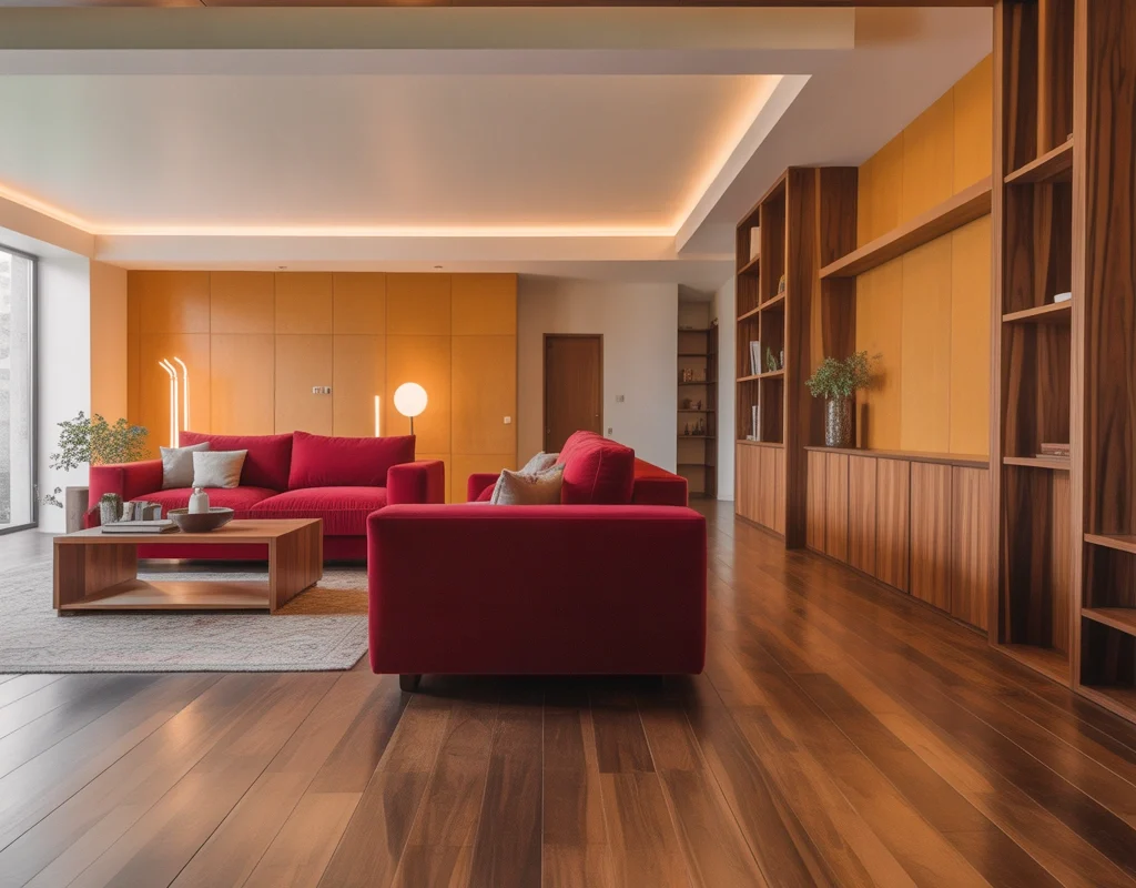 Add Warm Wood Tones for a Cozy Red Sofa Space