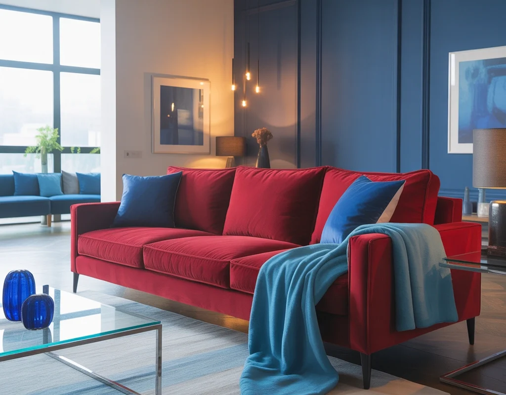 Combine a Red Couch With Blue for a Rich Contrast