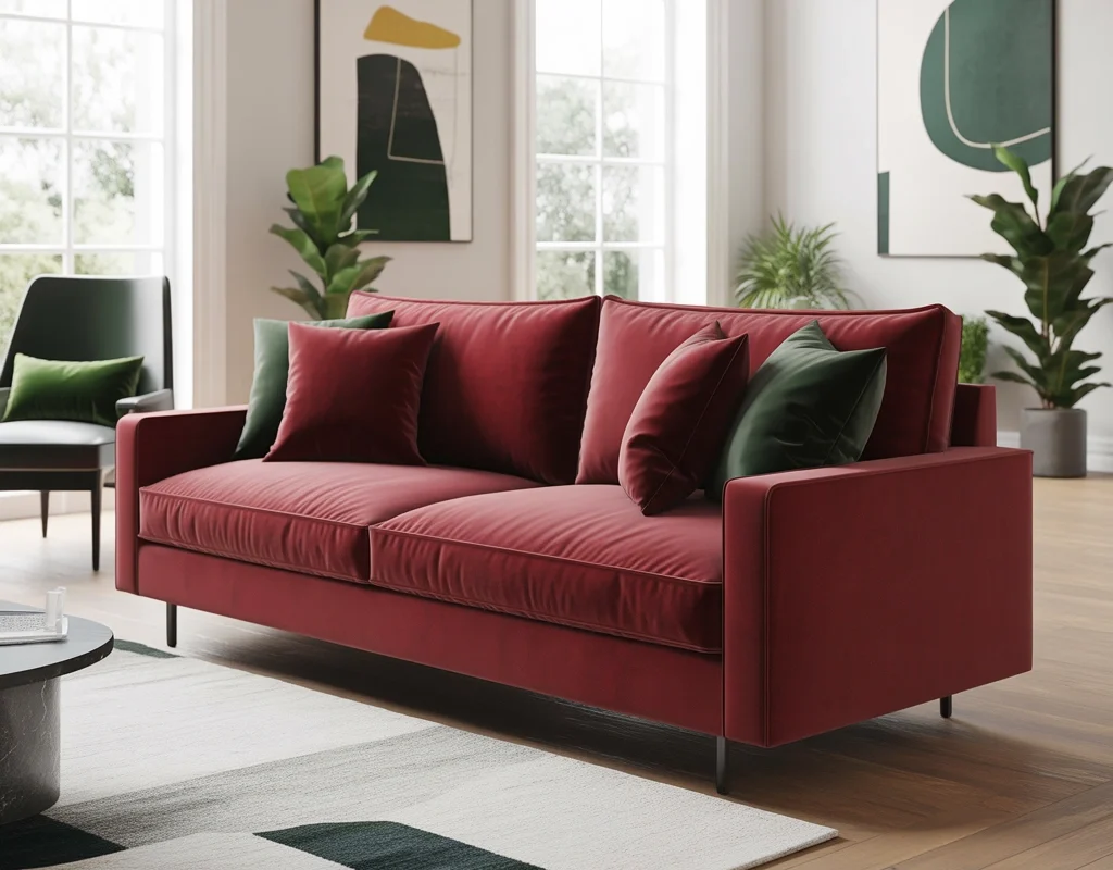 Go Bold With a Red Couch and Dark Green Accents