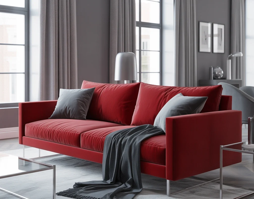 Style a Red Couch With Gray for a Calm and Elegant Room