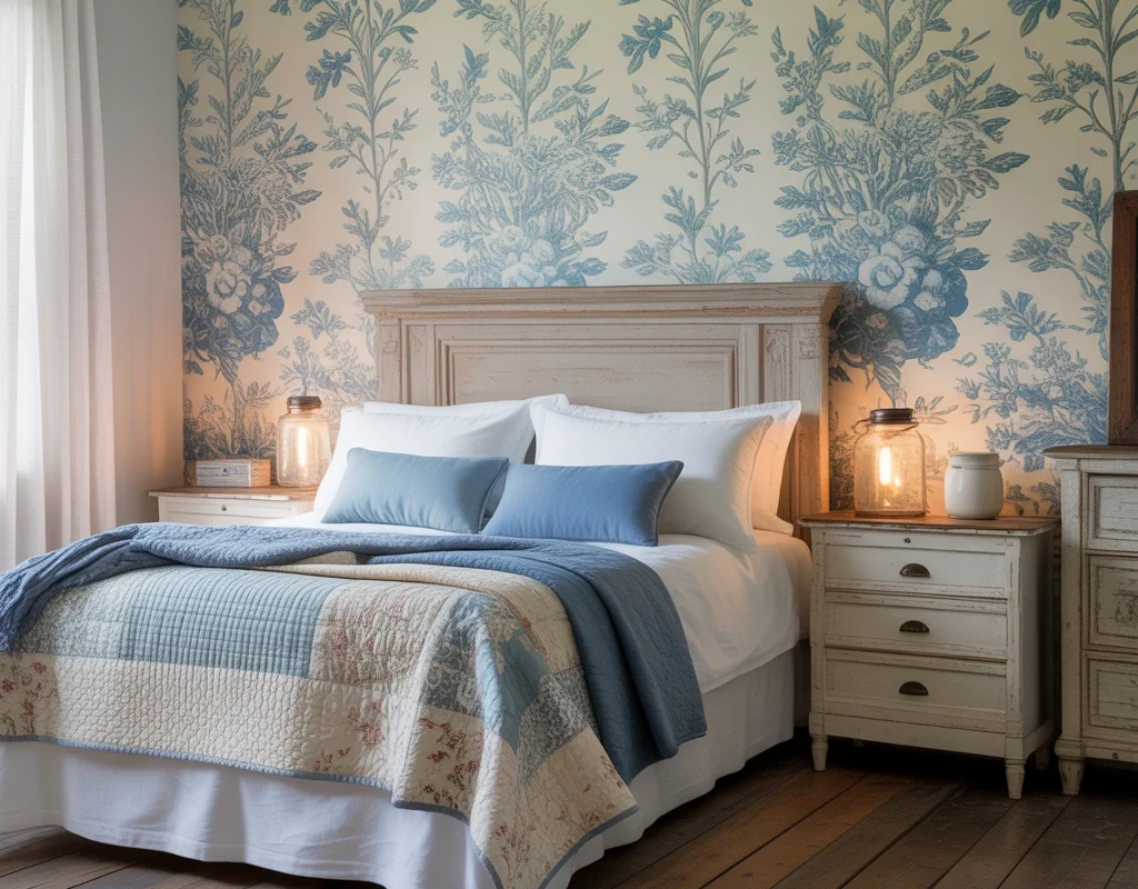 Try Blue Floral Wallpaper for a Romantic Farmhouse Bedroom