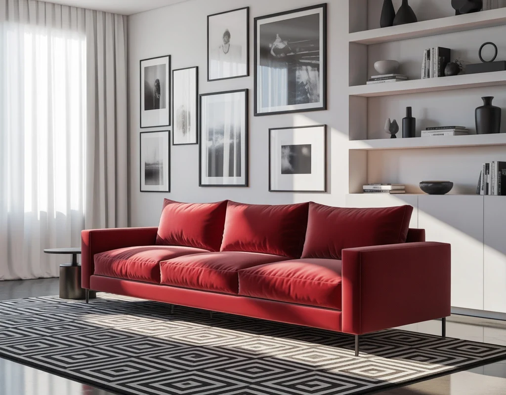 Use Black and White Decor for a Modern Red Couch Living Room