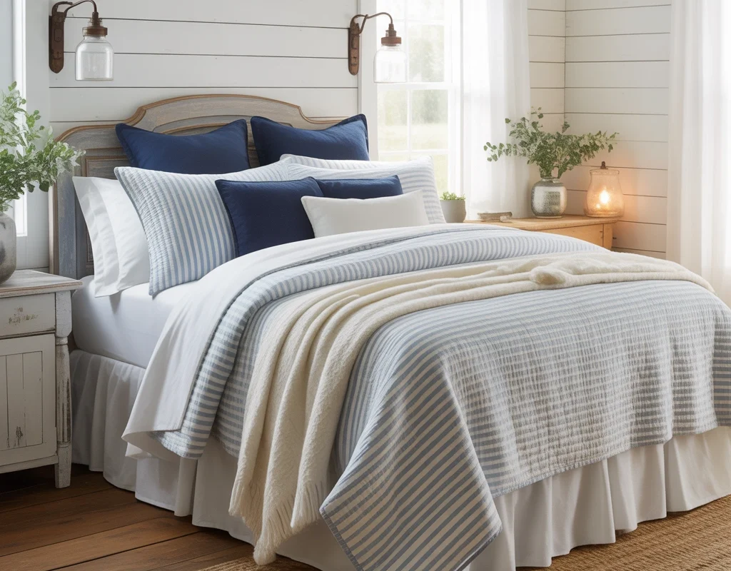 Use Blue and White Bedding for a Classic Farmhouse Look