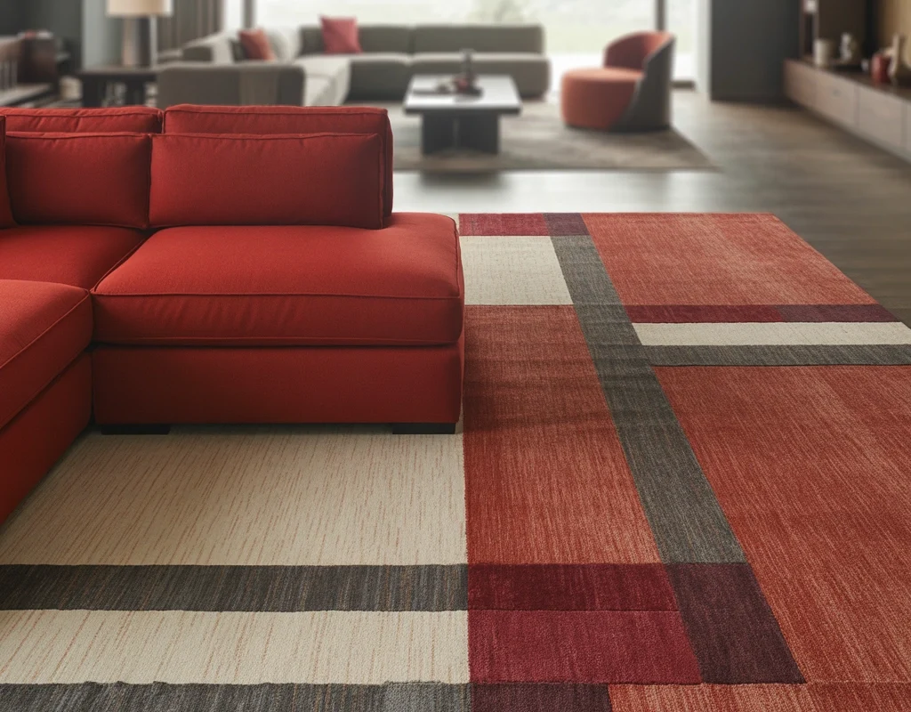 Use Patterned Rugs to Tie the Red Couch Into the Room