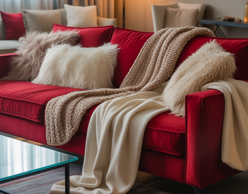 Use Soft Textures to Make a Red Couch Feel Cozy