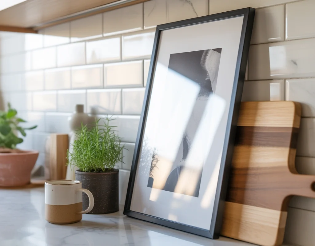 Lean Framed Artwork Against the Backsplash
