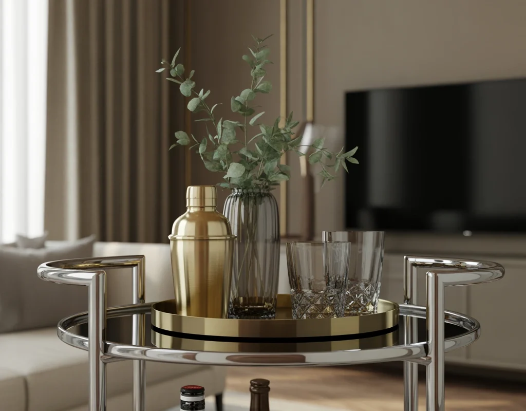 Add Brass Decor to a Chrome Bar Cart