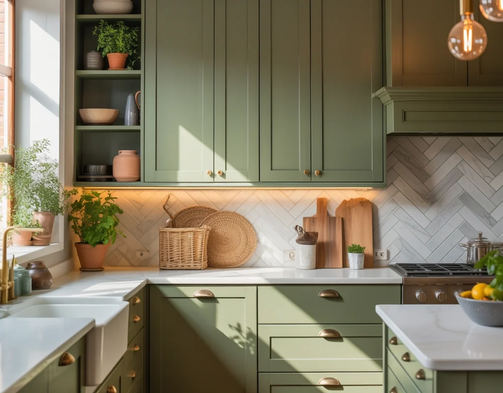 Add Character With Sage Green Kitchen Cabinet