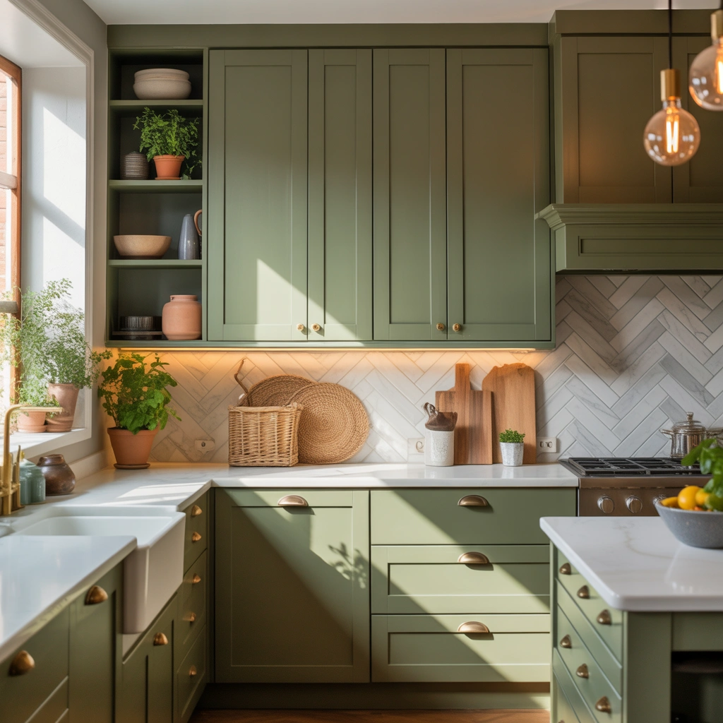 Add Character With Sage Green Kitchen Cabinet