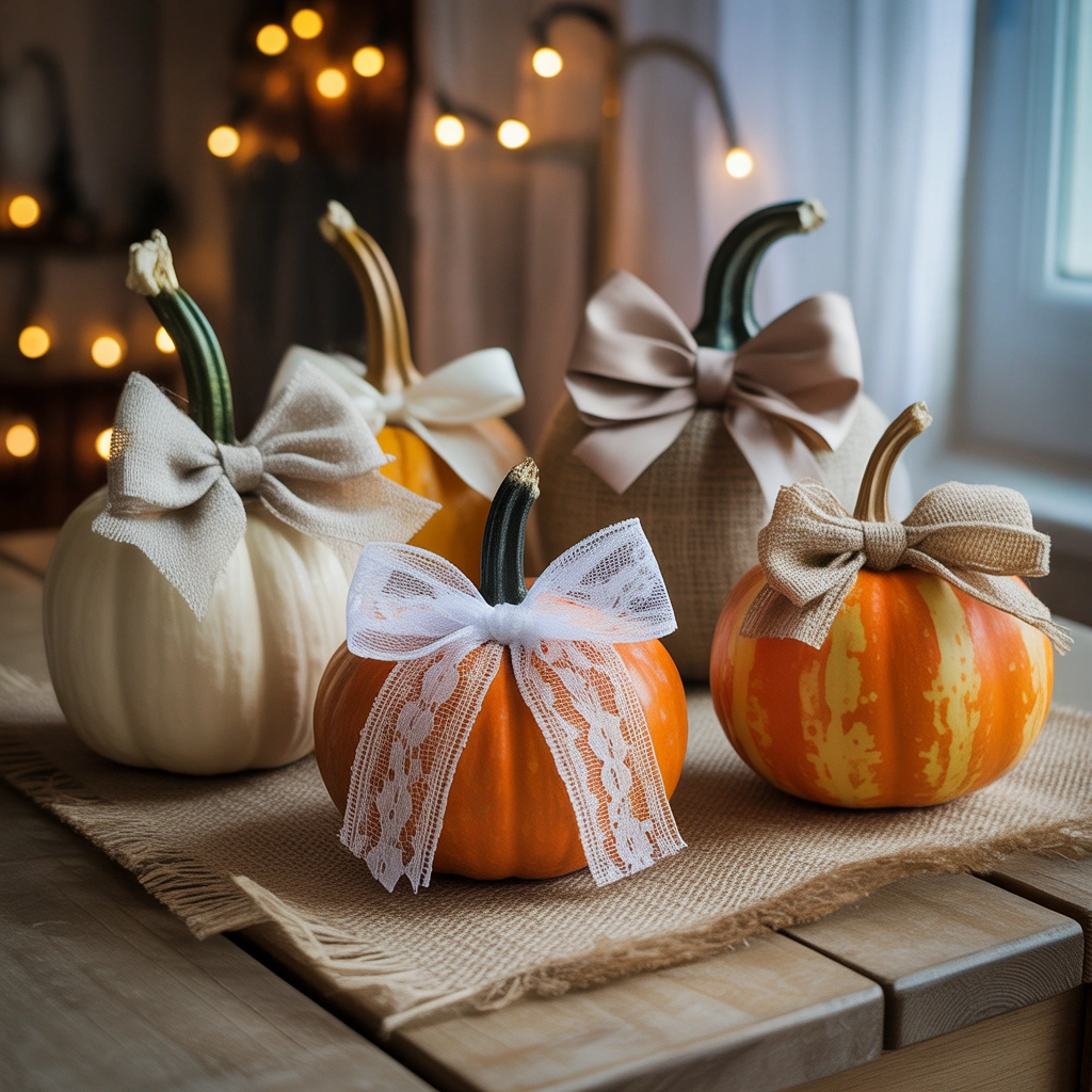 Add Pumpkin Decorations with Lace and Fabric