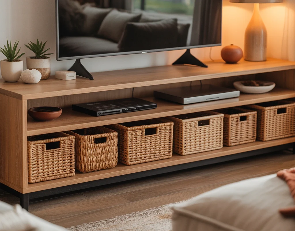 Add Woven Baskets Under the TV Stand
