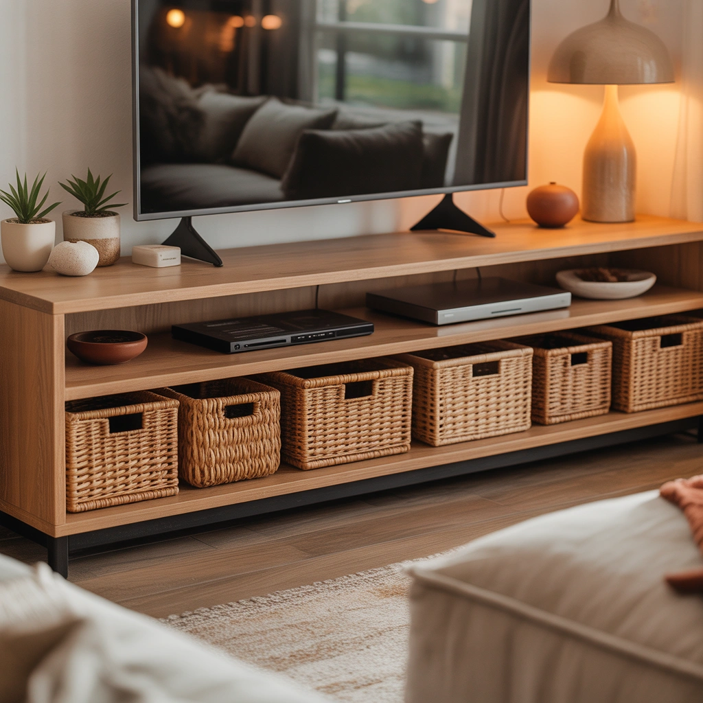 Add Woven Baskets Under the TV Stand