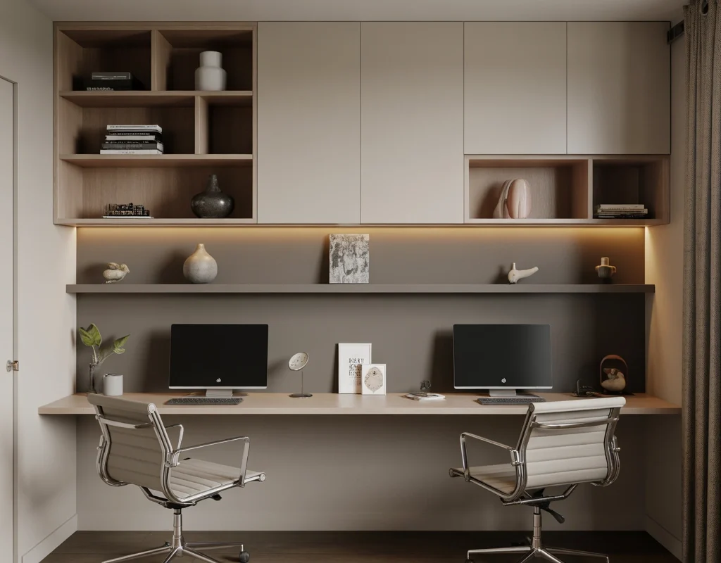 Add a Built In Wall Desk for a Space Saving Two Person Office