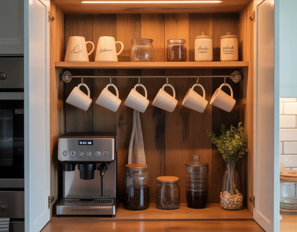 Add a Farmhouse Coffee Bar Inside a Kitchen Cabinet for a Hidden Coffee Station