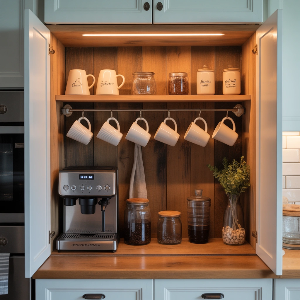 Add a Farmhouse Coffee Bar Inside a Kitchen Cabinet for a Hidden Coffee Station