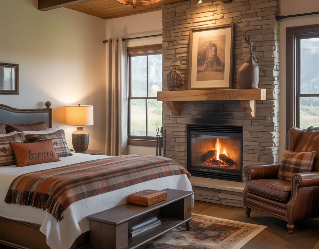 Add a Fireplace Feature for a Cozy Western Cabin Bedroom