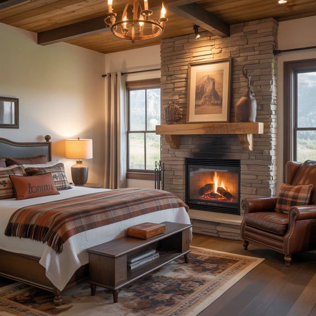 Add a Fireplace Feature for a Cozy Western Cabin Bedroom