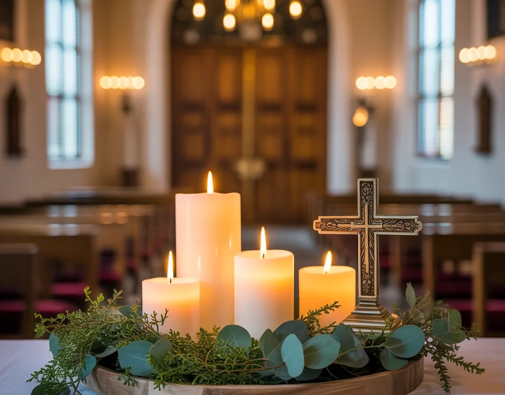 Candle and Greenery Church Entryway Table Decor